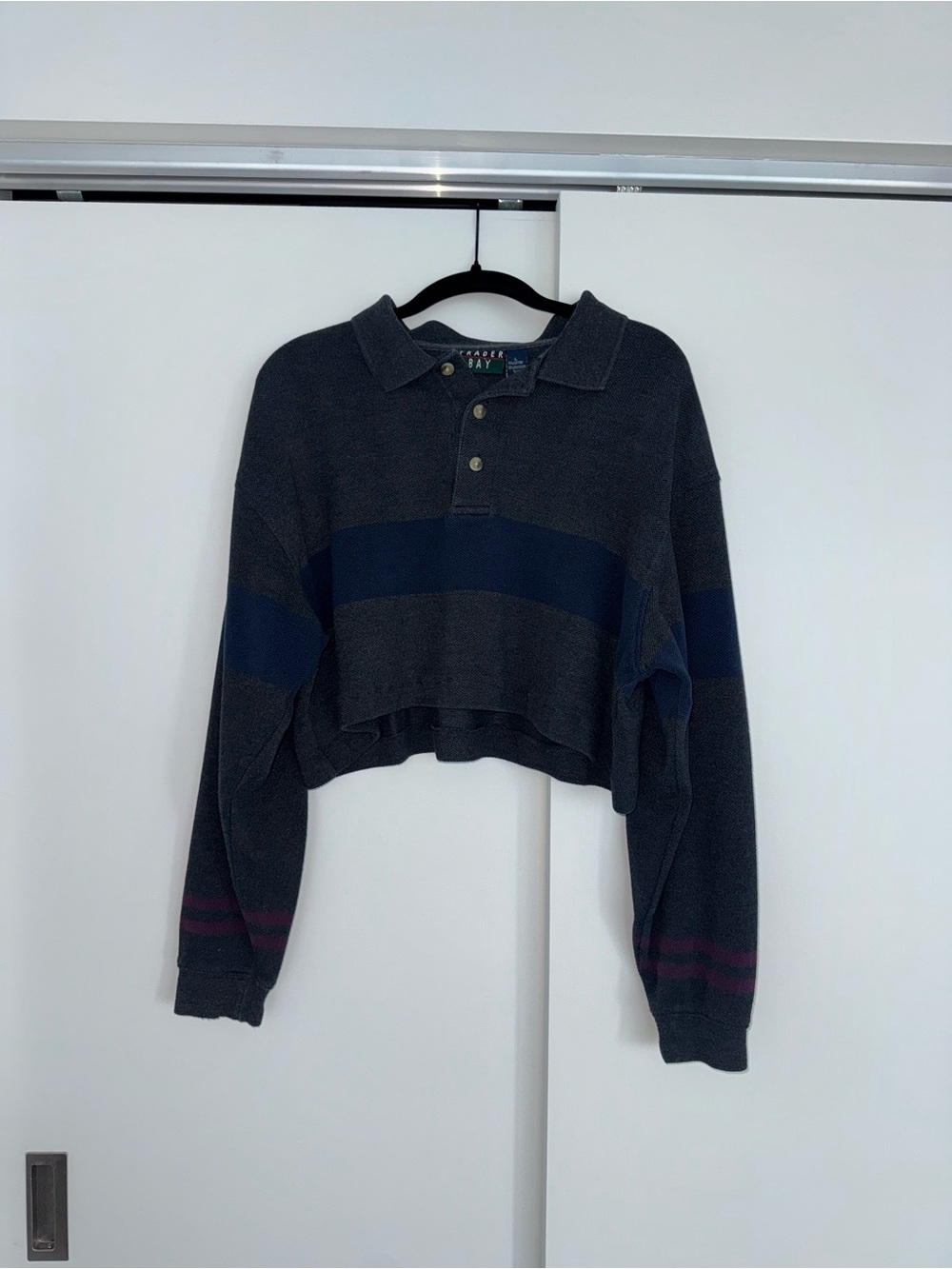 Trader Bay Charcoal Polo Crop Top with Navy and Plum Stripes